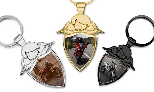 Llavero de ángel guardián en forma de escudo con la foto de tu motocicleta