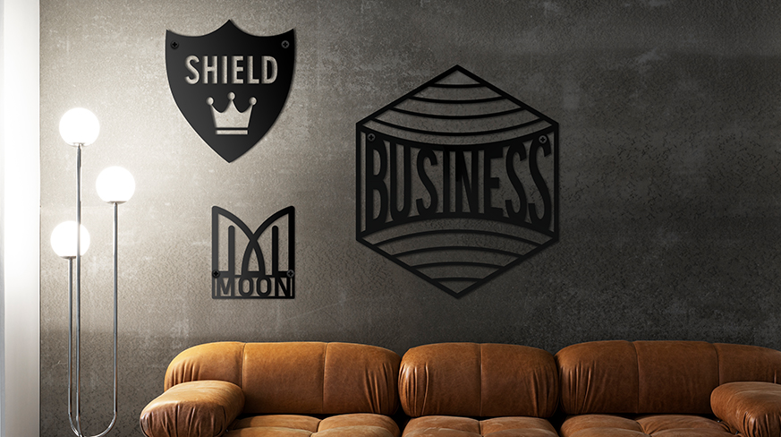 Metallinen logoskyltti LED-valaistuksella