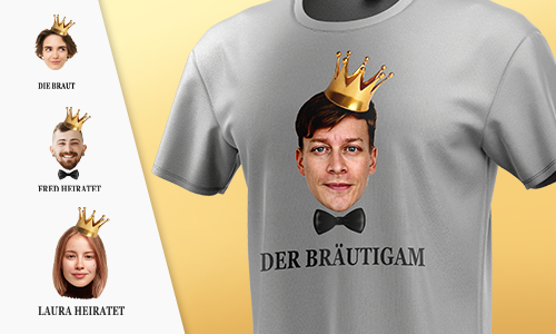 Harmaa T-paita „DER BRÄUTIGAM“ -designilla – sivuprofiilit, joihin on merkitty „DIE BRAUT“, „FRED HEIRATET“ ja „LAURA HEIRATET“.