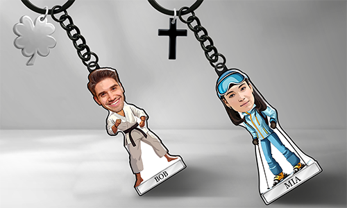 Henkilökohtainen avaimenperä Comics-tyyliin, jossa on nimi ja urheiluharrastus