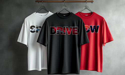Drei T-Shirts am Ständer: Weiß SPEED, Schwarz DRIVE, Rot FLOW, große abstrakte Schriftzüge vor grauem Hintergrund