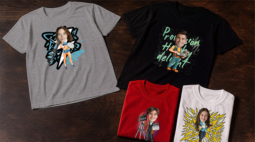 Henkilökohtaiset paidat yksilöllisillä suunnittelilla ja eloisilla väreillä eri harrastuksille ja ammateille