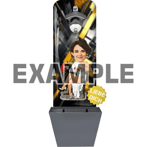 Personalisierter Wandflaschenöffner mit Auffangbehälter, Comic-Stil, angefertigt mit dem Gesicht des Kunden