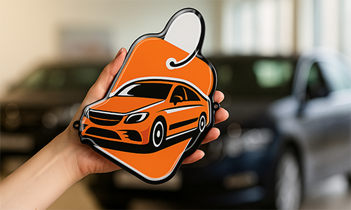 Hand hält ein großes orangefarbenes Auto-Tag mit weißer Kontur – unscharfer Showroom-Hintergrund mit Autos.
