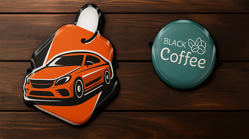Zwei Schlüsselanhänger – orange Sportwagen-Illustration auf einem Hexagon und „BLACK Coffee“-Logo auf einem türkisfarbenen Kreis.