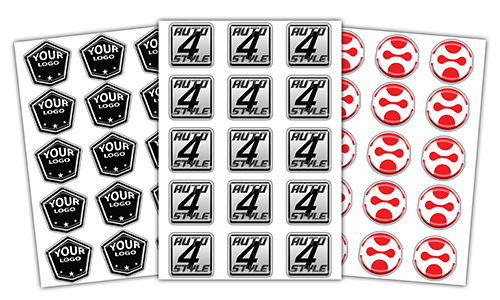 Drei Aufkleberbögen mit personalisiertem Branding – Pentagon-, Quadrat- und Kreisdesigns für Logos.