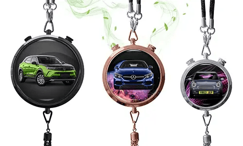 Three pendant-style frames with car images: black with green SUV, rose gold with blue Mercedes, silver with white car