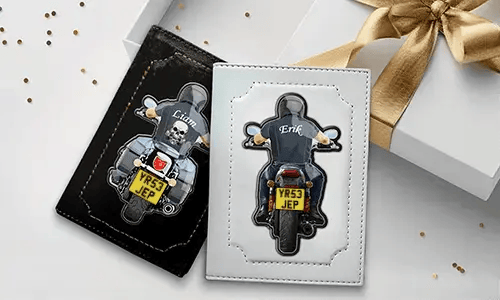 Vehicle registration document cover for motorcycle with dad's name and license plate number