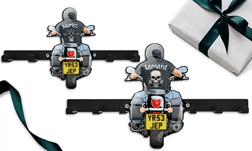 Unusual motorcycle keyholder-wall with name and licence plate - unique gift for your son
