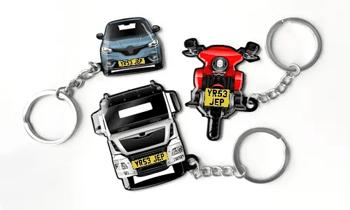 Keychains shaped as a car, a motorcycle, and a truck, designed as automotive accessories with customizable details