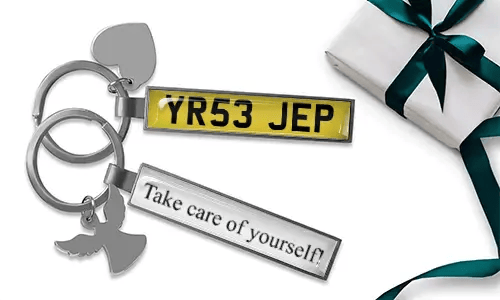 Personalized license plate keychain with custom plate heart charm and gift box