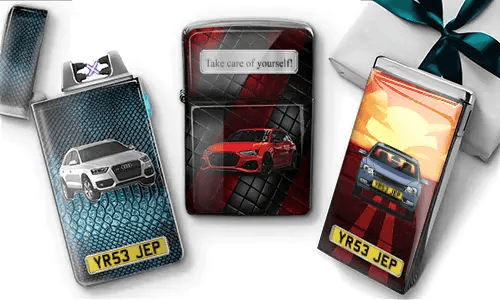 Three personalized car-themed lighters with Audi, sports car and Mercedes designs
