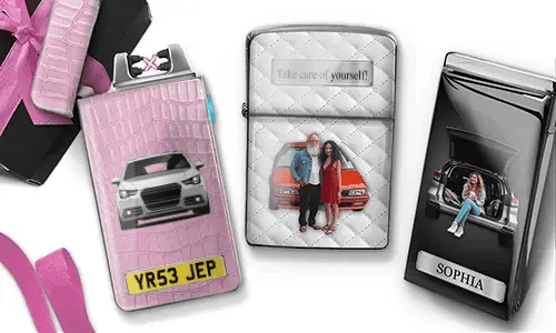 Two personalized lighters with family photos and custom car designs