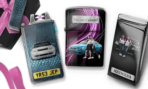 Three custom electronic lighters with car-themed photo prints: blue BMW with 