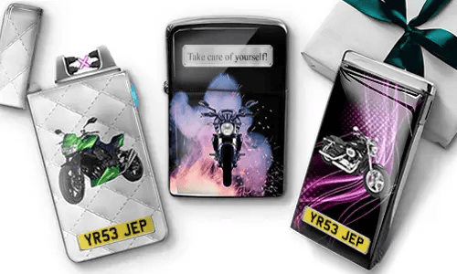 Three motorcycle-themed lighters: green bike on white quilted background, black with 