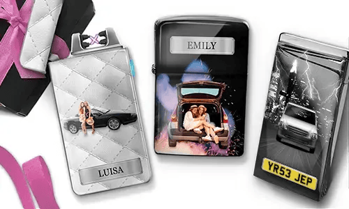 Three personalized lighters featuring car images and names 