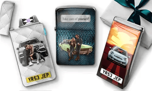Custom cigarette cases with personalized images and license plates. Features couples with cars, a gift box, and a sign reading 