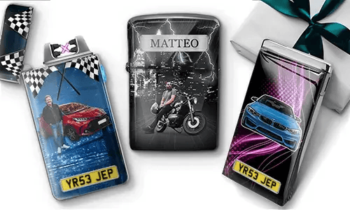 Three personalized lighters with custom car and motorcycle photos, names, license plates, and automotive designs.