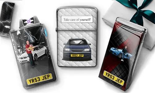 Three personalized lighters featuring different car-related designs. The center lighter reads 