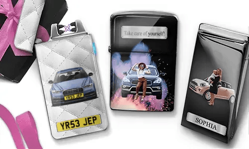Stylish lighters featuring women posing with luxury cars. Text reads 