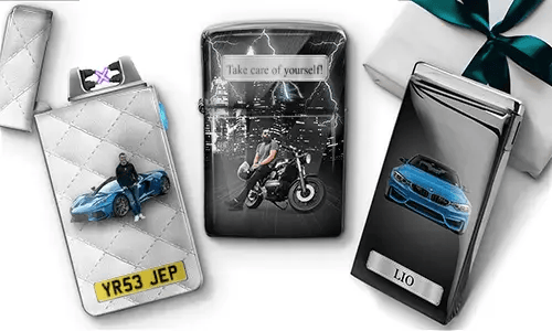 Three personalized cigarette lighters with designs: a man posing with a blue car, a person on a motorcycle, and a blue car with 