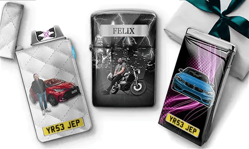 Three personalized stainless steel lighters featuring custom names, photos, cars, and a motorcycle
