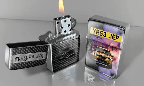 Two metallic lighters with car designs: silver with flame and Cyrillic text, cosmic-themed lighter with colorful background
