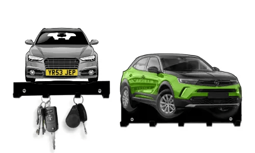 Two car-shaped key holders: red sedan and green-black SUV, both with hooks for hanging keys