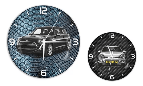 Two wall clocks with car illustrations: left with black car on blue reptile texture, right with blue car on carbon background