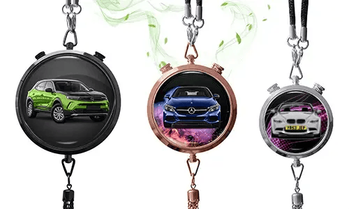 Three pendant-style frames with car images: black with green SUV, rose gold with blue Mercedes, silver with white car