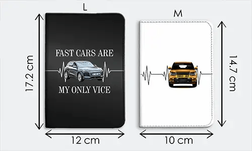 Zwei Notizbuchcover L und M: Schwarz 17,2x12 cm mit Auto und FAST CARS Zitat, Weiß 14,7x10 cm nur mit Auto-Grafik