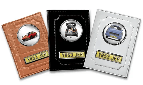 Personalized car documents holder for wife in black, white and brown leather