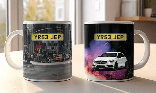 Two white mugs with car-themed prints: red BMW in urban setting, white Mercedes with sparks and colorful background