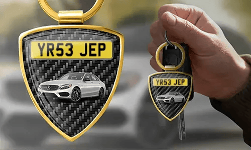 Shield photo keychain with custom car photo and license plate