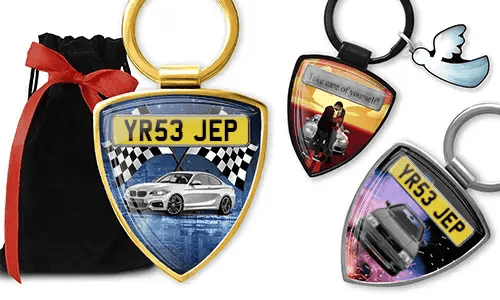 Shield photo keychains with personalized car designs
