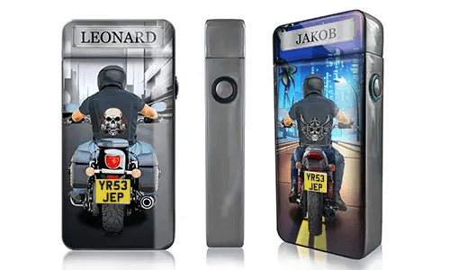 Two rectangular biker-themed devices show motorcyclists from behind. Each biker wears a skull-print shirt and rides on an urban road. Names 