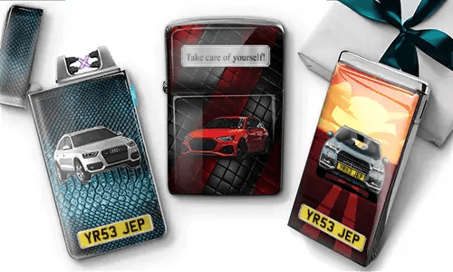 Three car-themed lighters: silver Audi SUV on blue snakeskin background, red sports car with 
