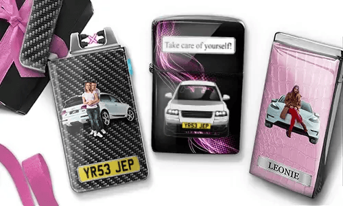 Three personalized stainless steel lighters with romantic car designs, custom photos, messages, and license plate details