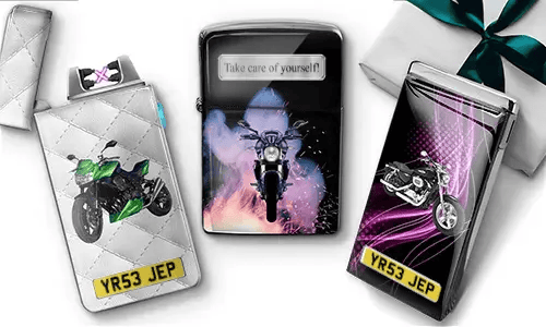 Three personalized motorcycle-themed lighters with custom bike designs and license plates