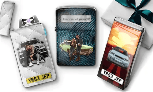 Custom cigarette cases with personalized images and license plates. Features couples with cars, a gift box, and a sign reading 