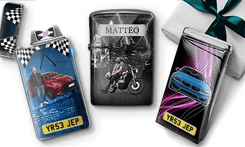 Three personalized lighters with printed images: a red car with a person, a motorcycle scene with lightning, and a blue car with 
