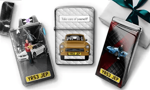 Three personalized car lighters with custom photos, license plates, and unique automotive designs.