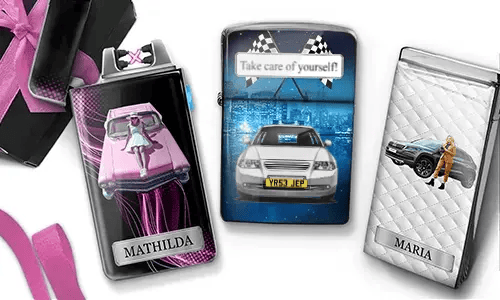 Three personalized stainless steel lighters featuring custom car designs, women, names, and license plate details