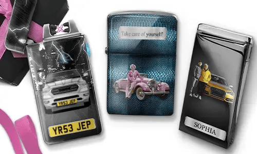 Three personalized lighters with custom grandma photos, cars, license plates, and loving messages
