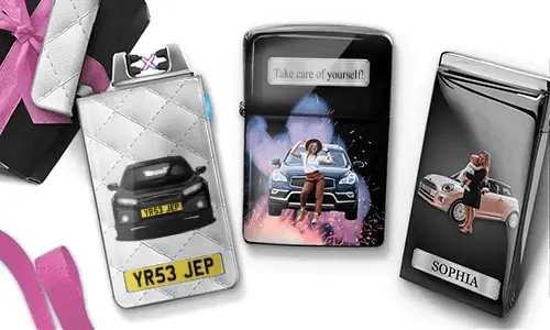 Stylish lighters featuring women posing with luxury cars. Text reads 