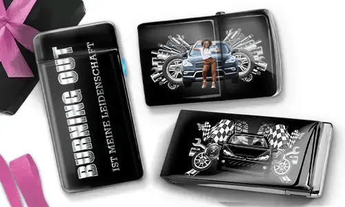 Three black wallets with car-themed designs. One has 