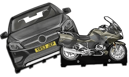 Cardboard cutouts of a black car and metallic motorcycle on stands, used for display or training