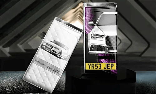 Two car-themed phone cases: white quilted with 