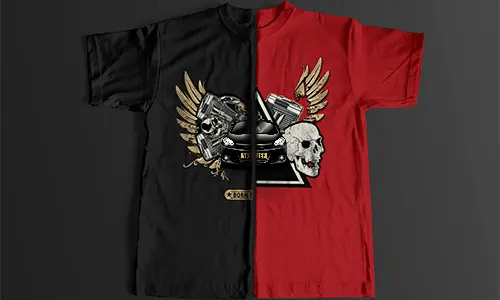 Split graphic with silver car, skulls, pistons, golden wings, and partial BORN T banner on black and red background