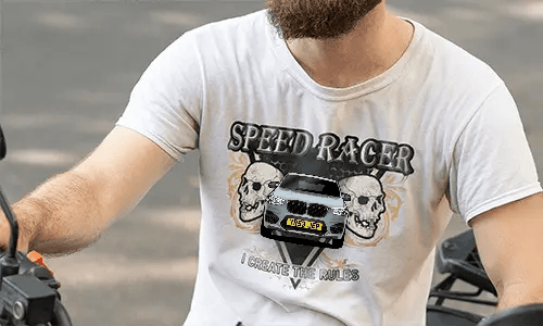 White T-shirt with red motorcycle graphic, flanked by skulls, SPEED RACER text above, I CREATE THE RULES below